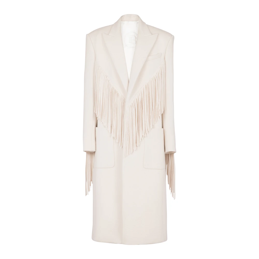 Balmain Uniseks lange gefranjerde wol en kasjmier jas Beige Heren