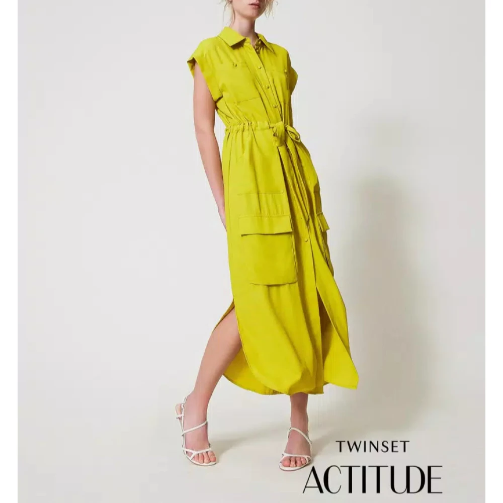 Twinset Lange Chemisier Jurk in Crepe de Chine Yellow Dames