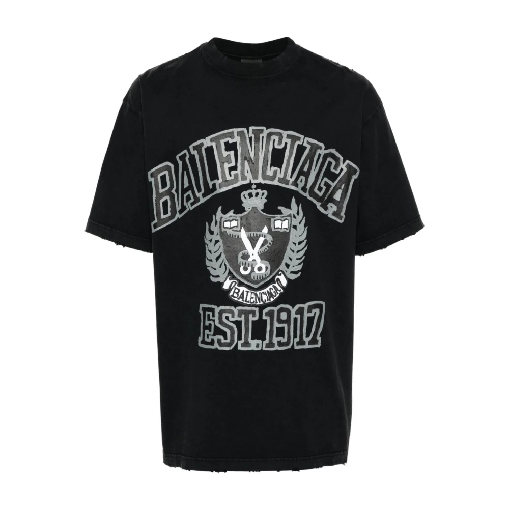 Balenciaga Zwart T-shirt met distressed effect en logo print Black Heren