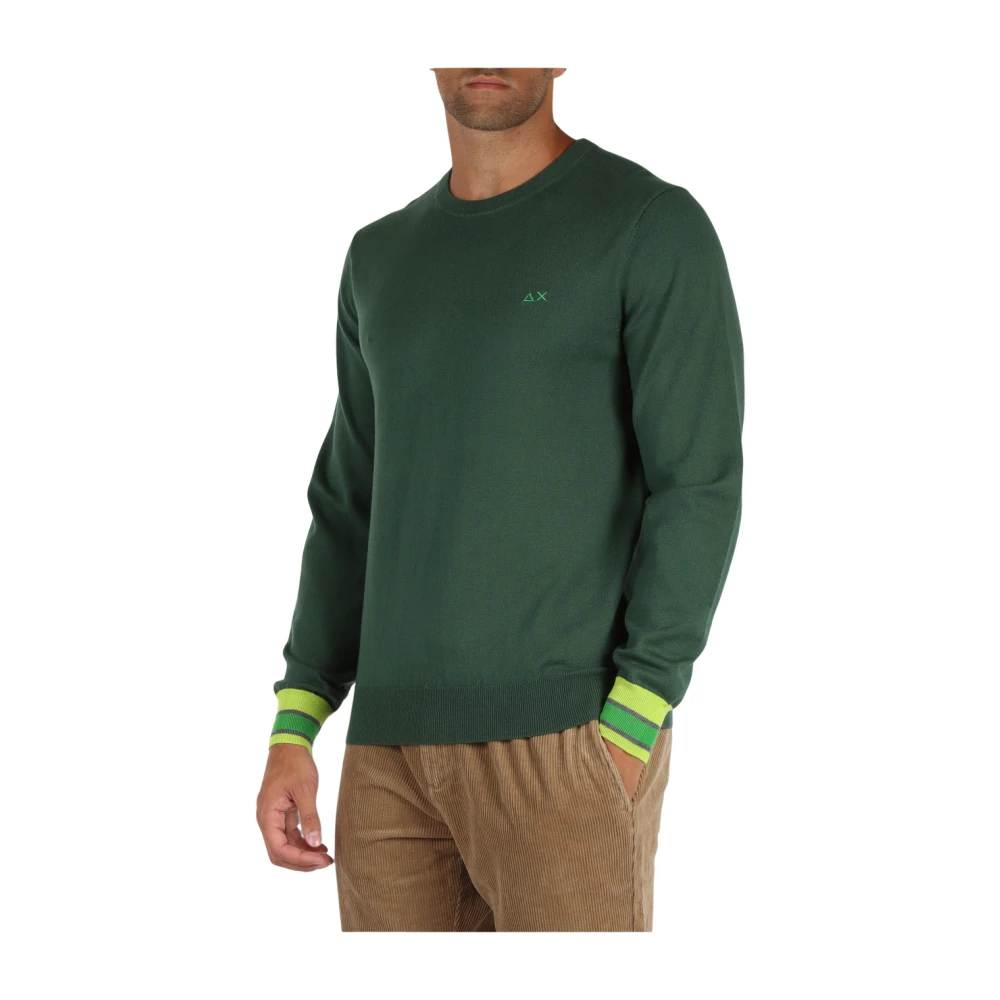 Sun68 Merino Wol Katoen Trui Contrast Manchetten Green Heren