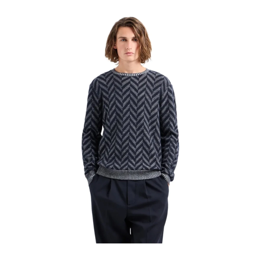 Emporio Armani Chevron Blauw Wol Crewneck Jumper Blue Heren
