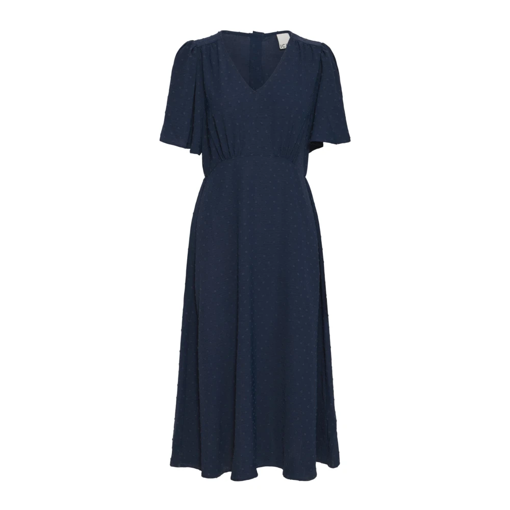 Ichi Women's Blue Flounce Sleeve V-Neck Dress Total Eclipse - Midi Dresses - M - Dresses