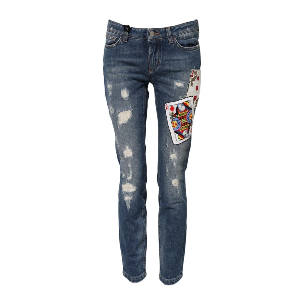 Dolce & Gabbana Women's Blue Play Card Embroidery Skinny Denim Jeans