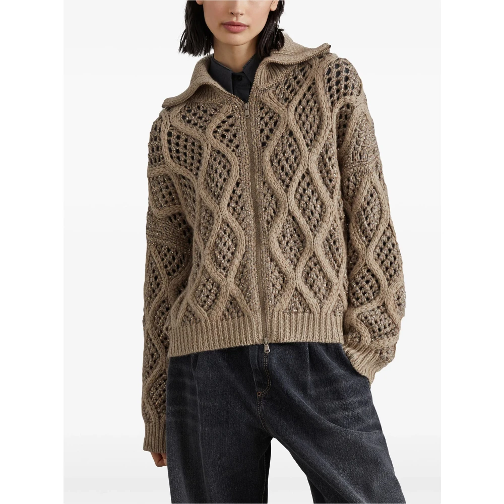 BRUNELLO CUCINELLI Bruine Kasjmier Vest met Pailletten Brown Dames