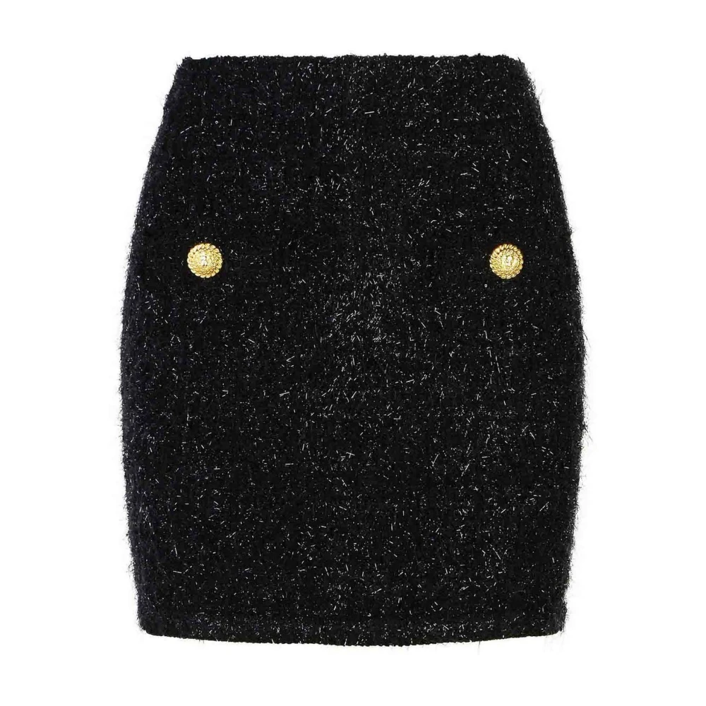 Balmain Tweed Mini Kjol Guld Knappdetalj Black, Dam