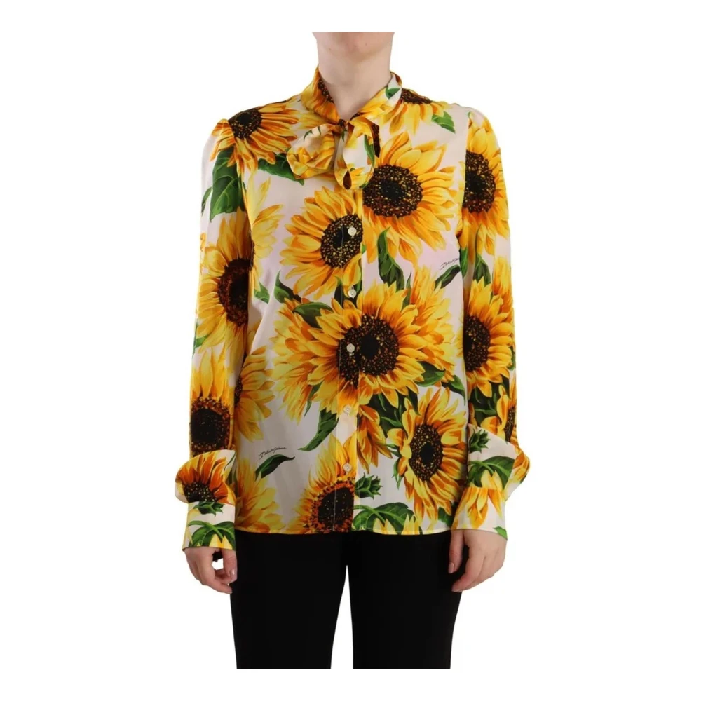 Dolce & Gabbana Zonnebloem Zijden Ascot Blouse Multicolor Dames