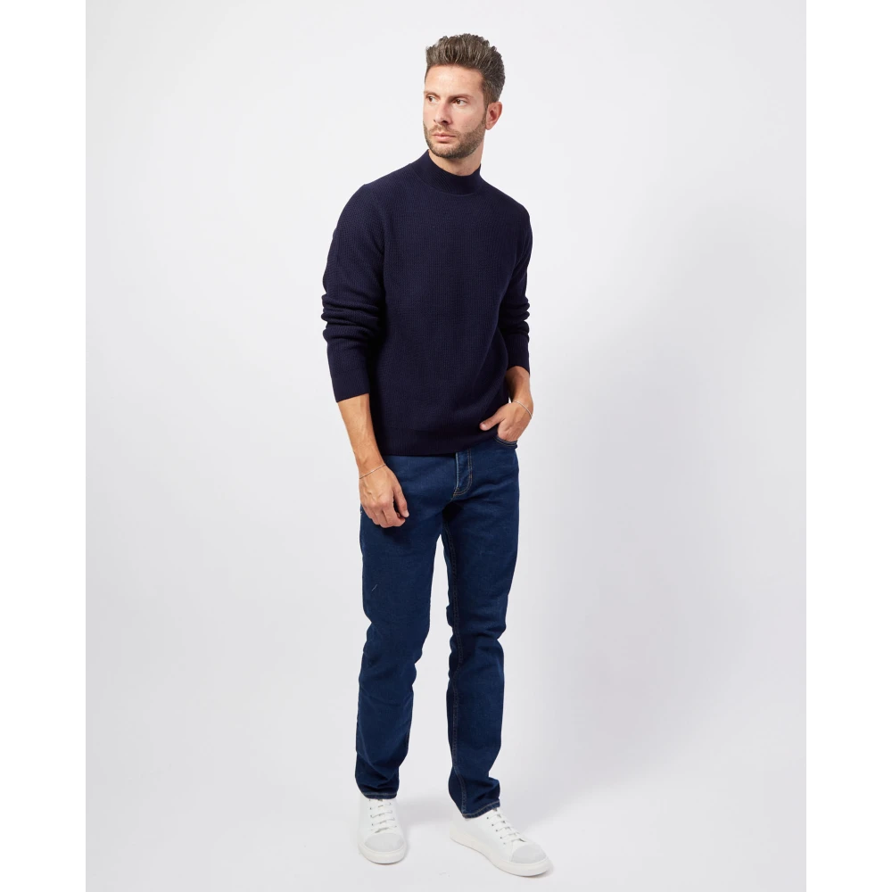 Hugo Boss Blauwe Wollen Trui Half Col Ribbel Blue Heren