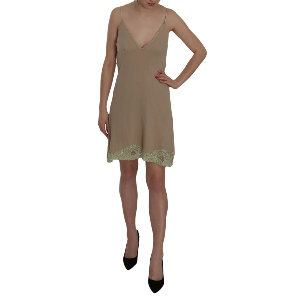 Pink Memories Women's Beige Short Dresses, M, Elegant Lace Spaghetti Strap Mini Dress