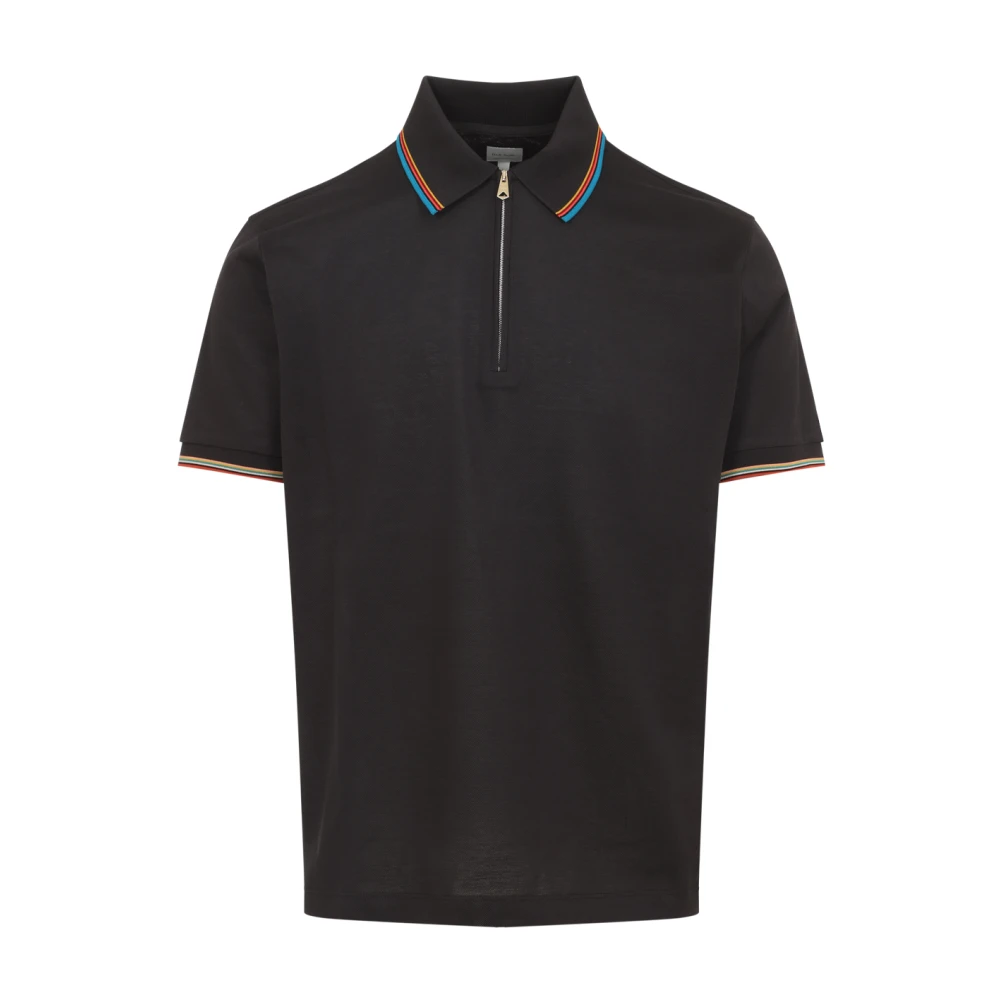 Paul Smith Men's Brown Polo Shirts, M, Signature Stripe Trim Zip Polo Shirt