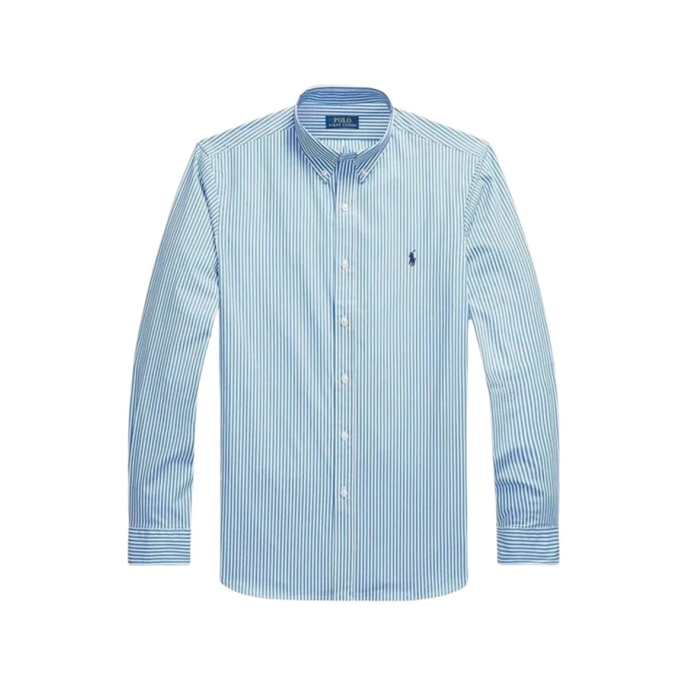 Ralph Lauren Uomo Blu Camicia Popeline A Righe Custom Fit