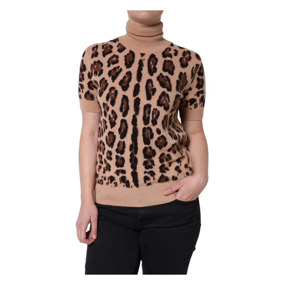 Dolce & Gabbana Women's Beige Turtlenecks, L, Leopard Print Wool Turtleneck Jumper
