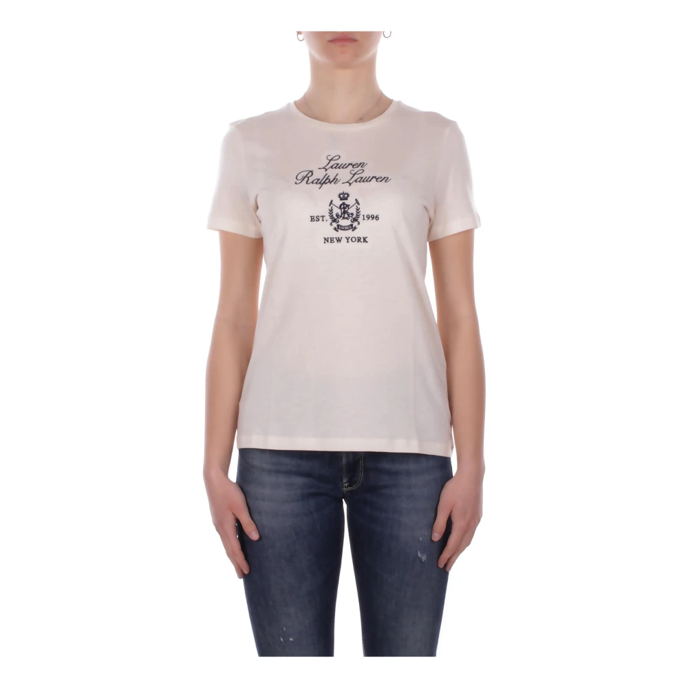 Ralph Lauren Women's Beige T-Shirts, M, Logo Printed Crewneck T-Shirt