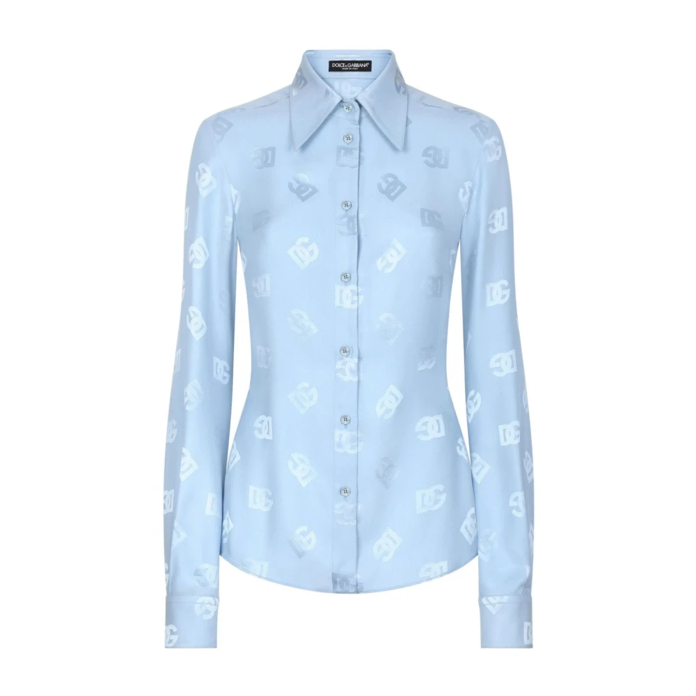 Dolce & Gabbana Blauwe Zijden Monogram Jacquard Overhemd Blue Dames