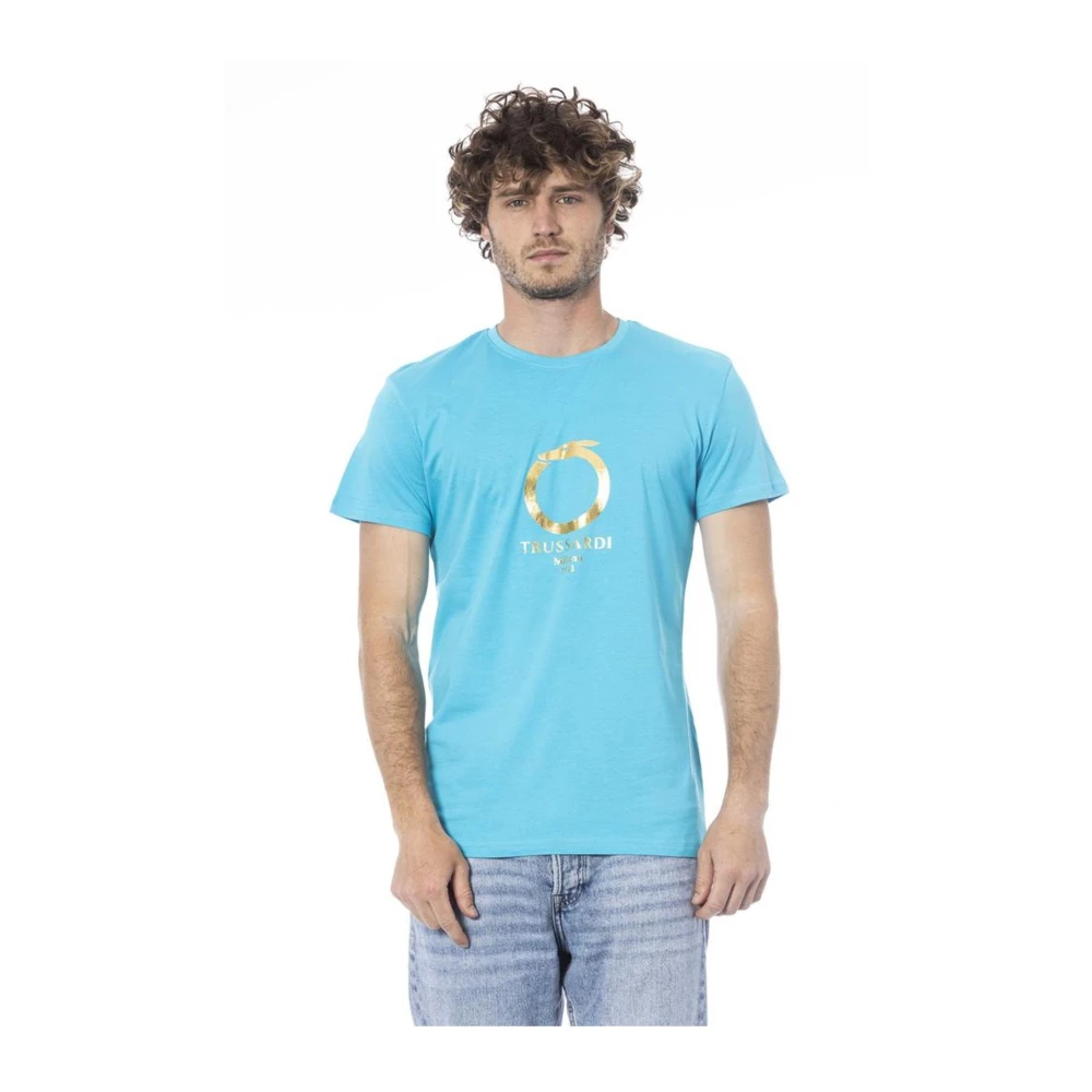 Trussardi Logo Print Katoenen T-Shirt Crew Neck Blue Heren
