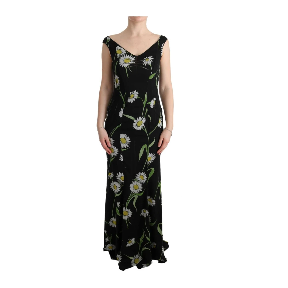 Dolce & Gabbana Zonnebloemprint Maxi Jurk Mouwloos V-hals Black Dames