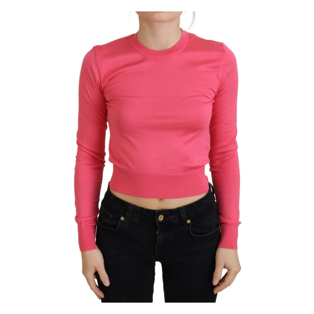 Dolce & Gabbana Women's Pink Silk Cropped Crewneck Jumper 3XS