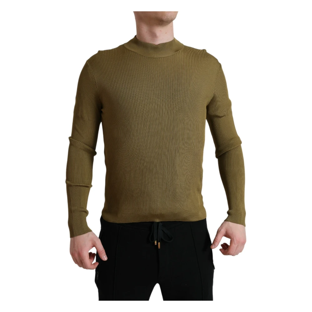 Dolce & Gabbana Men's Green Round-Neck Knitwear, M, Army Viscose Crewneck Pullover Jumper