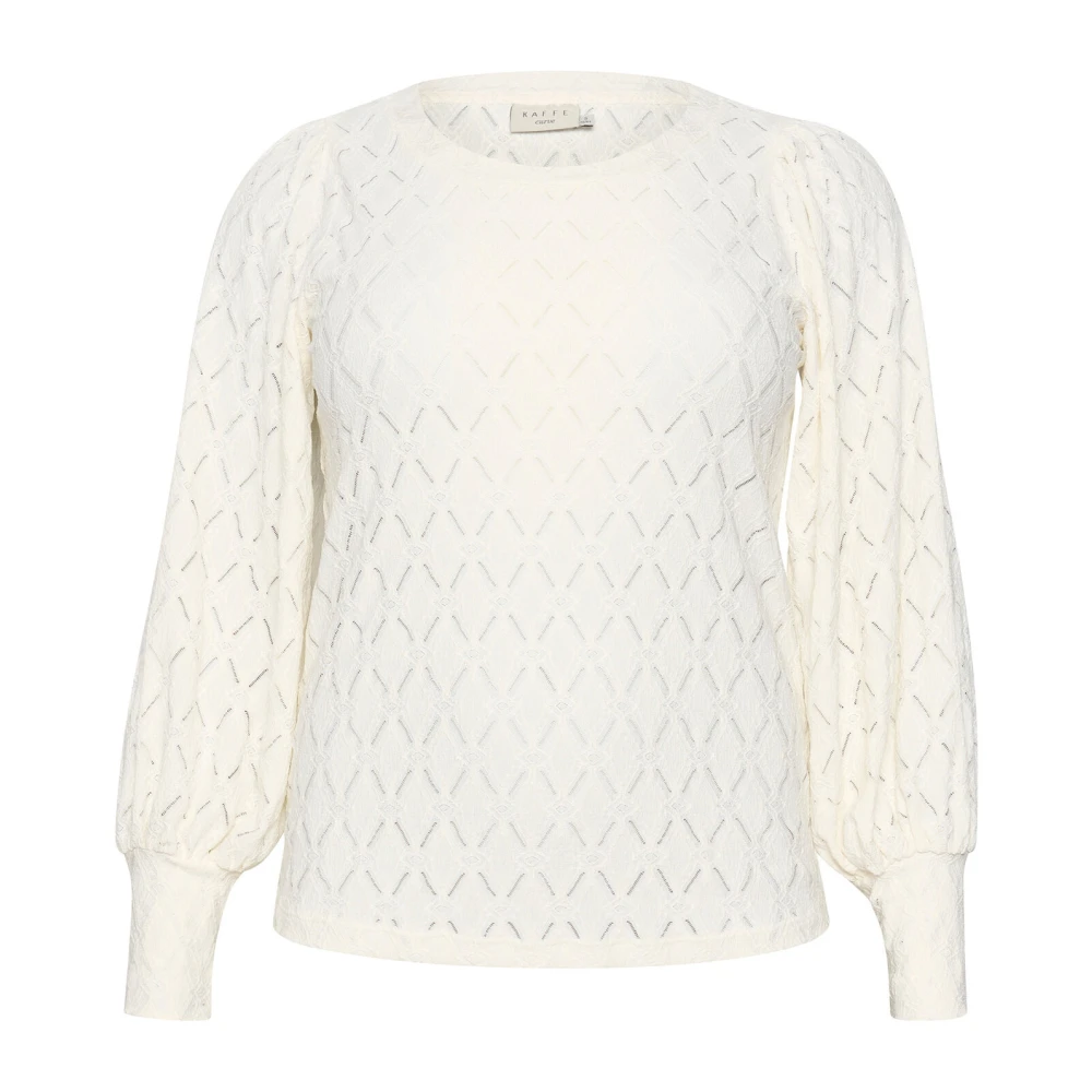 Kaffe Curve Elegante kanten blouse met pofmouwen White Dames
