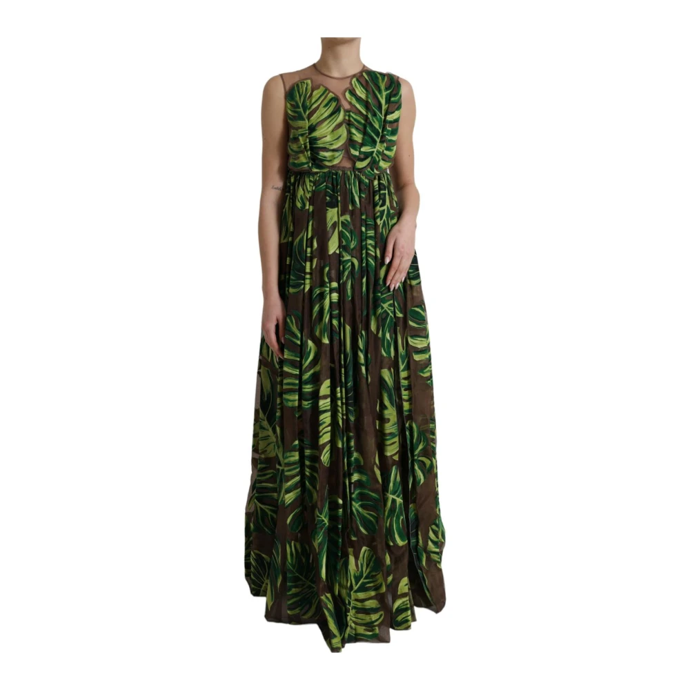 Dolce & Gabbana Women's Green Gowns, Xs, Tropical Leaf Print Silk Maxi Dress