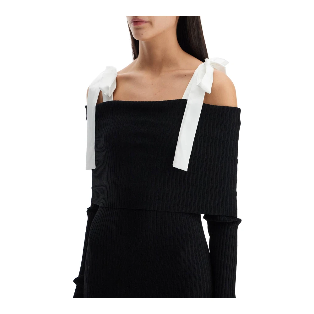 Rotate Birger Christensen Geribbelde off-shoulder maxi jurk Black Dames