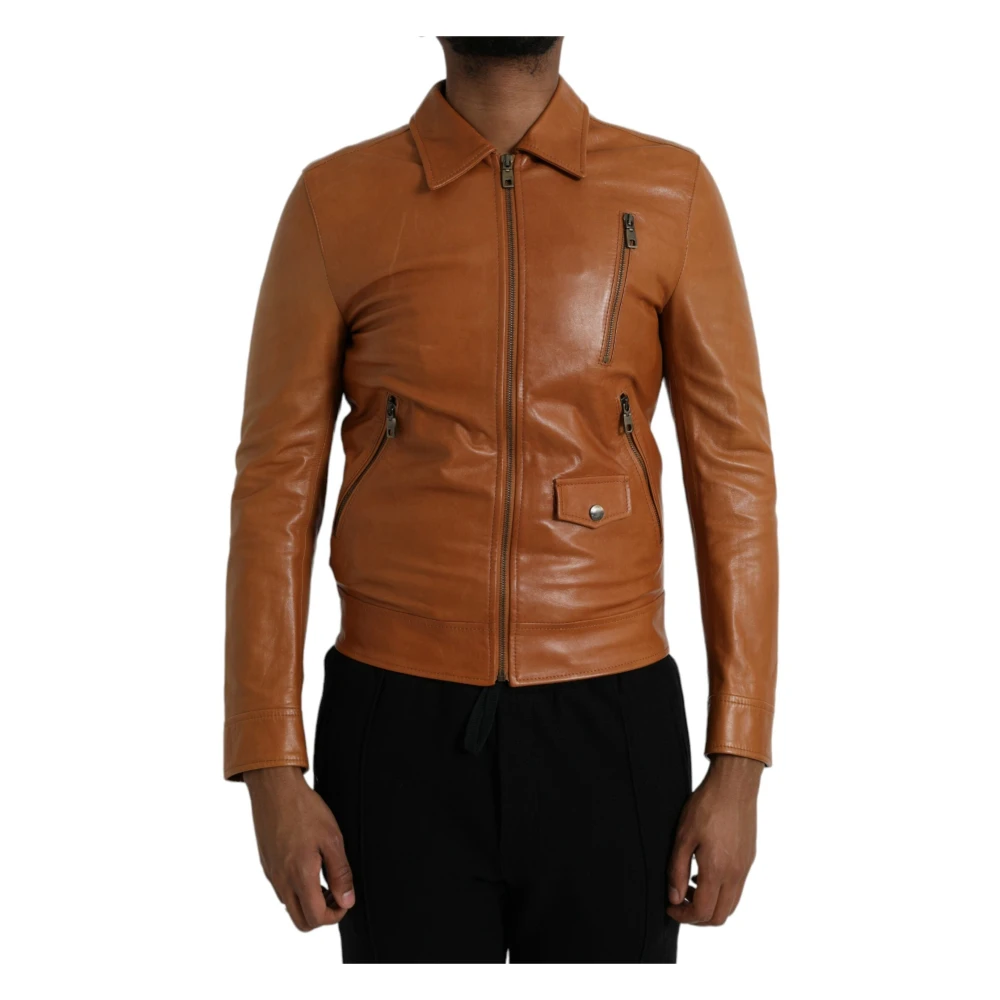 Dolce & Gabbana Bruin Leren Blouson Jack met Rits Brown Heren