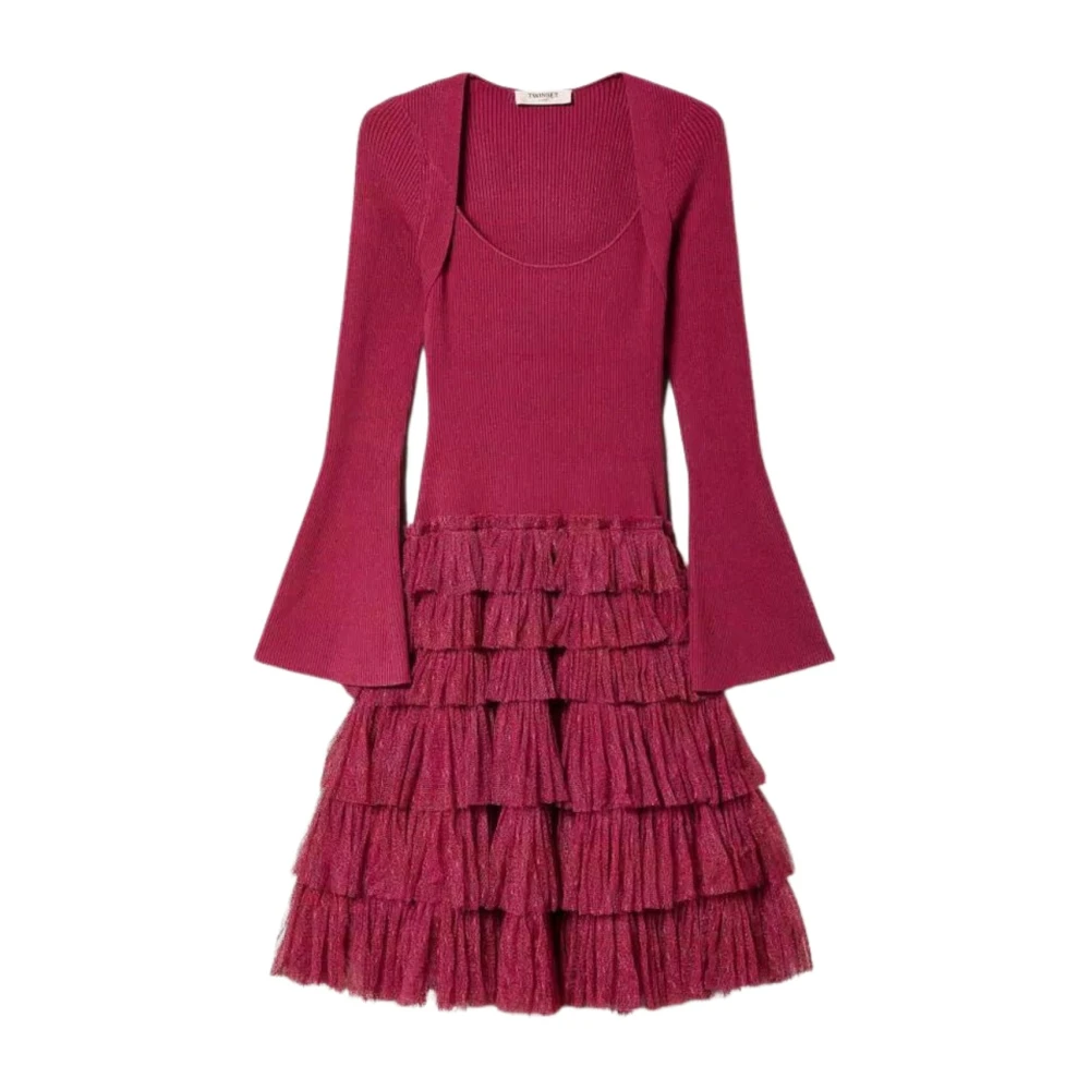 Twinset Women's Purple Ribbed Stretch Dress With Tiered Tulle Skirt - Short Dresses - L - Dresses