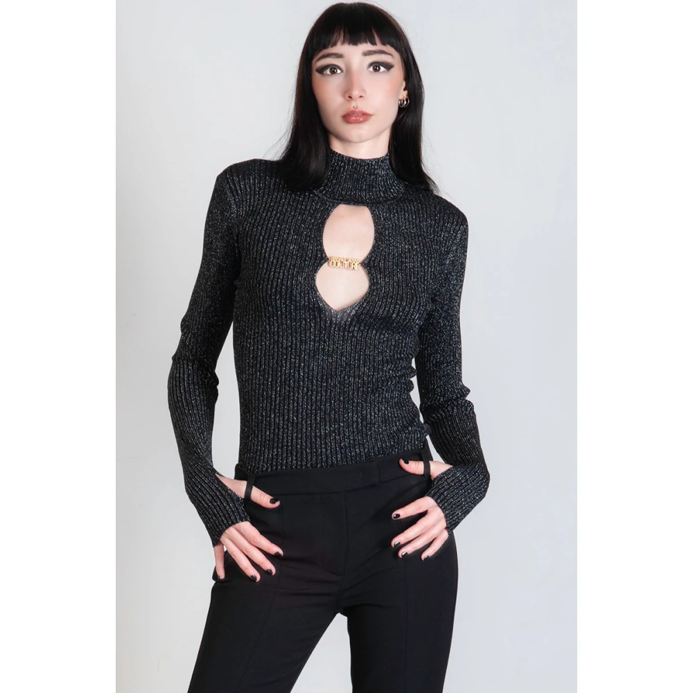 Versace Jeans Couture Geribbelde Lurex Trui met Metalen Logo Gray Dames