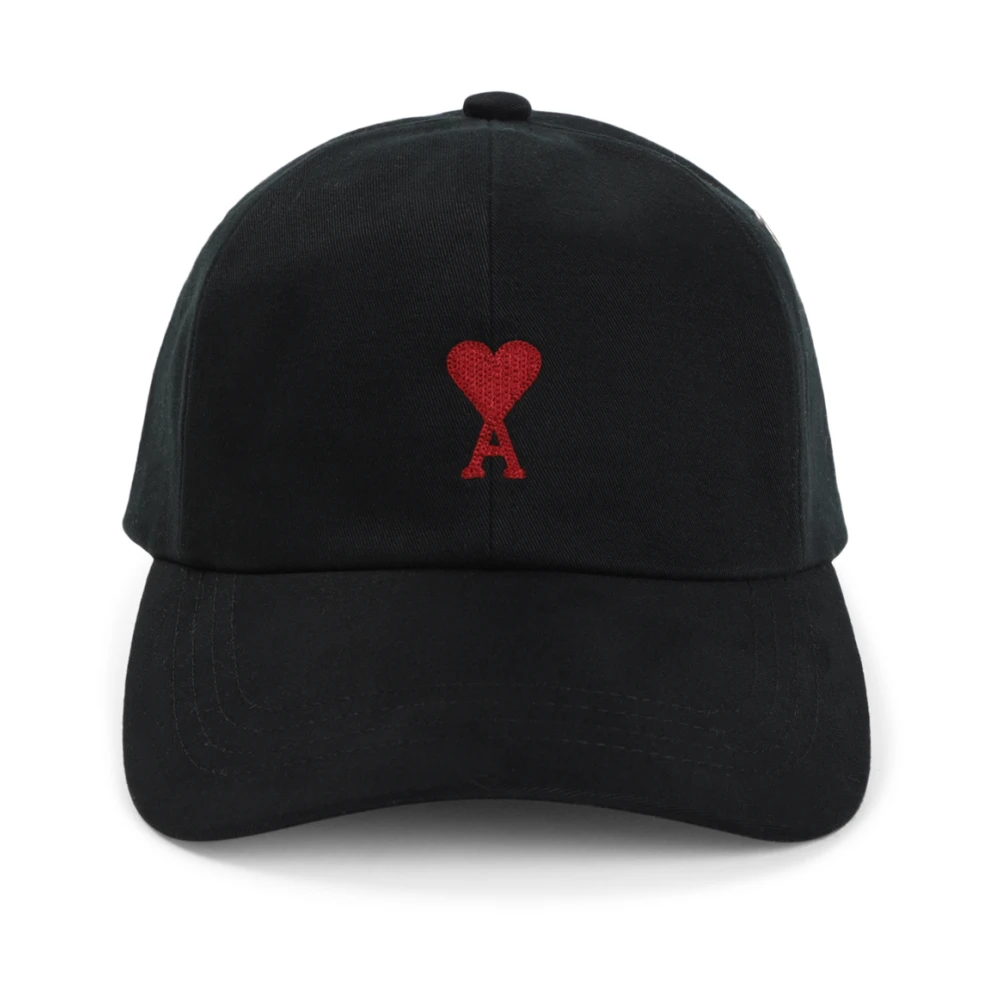 Ami Paris Men's Black Hats & Caps, One Size, Ami De Coeur Embroidery Cap