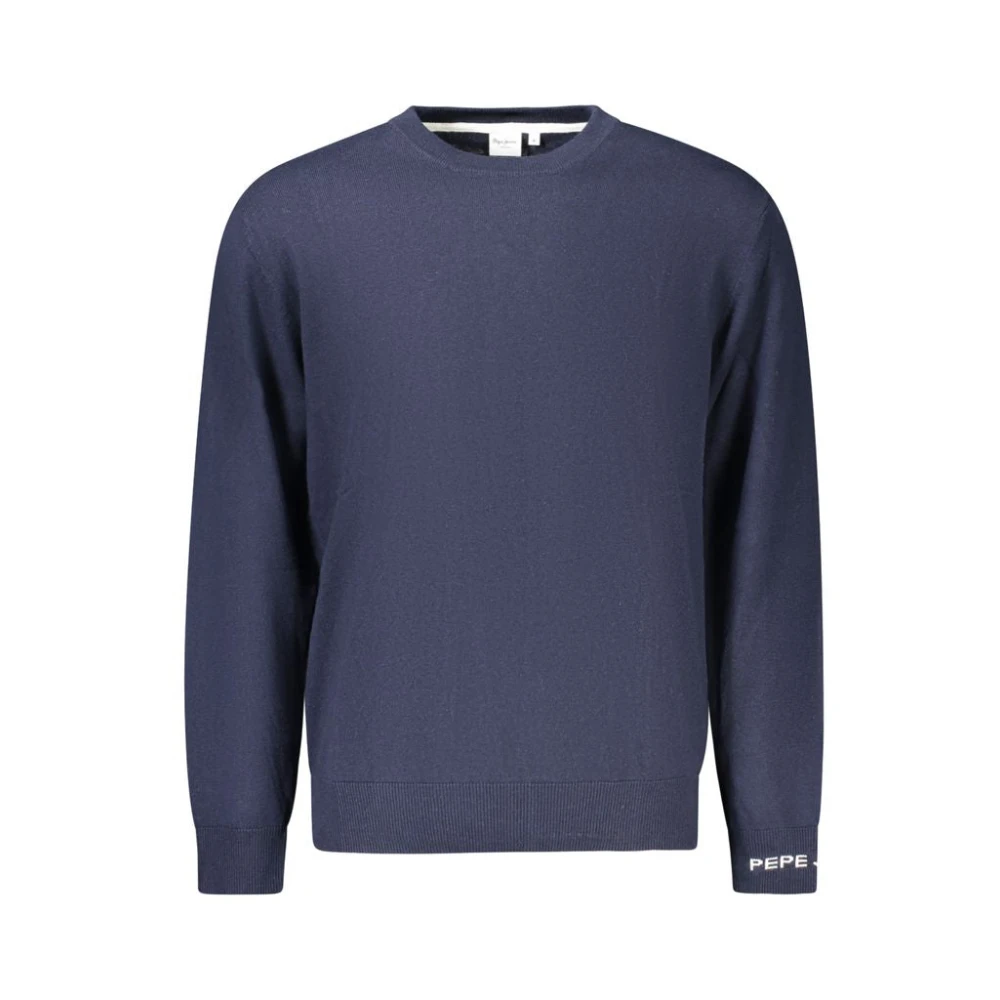 Pepe Jeans Men's Blue Round-Neck Knitwear, S, Cotton Jumper With Embroidery