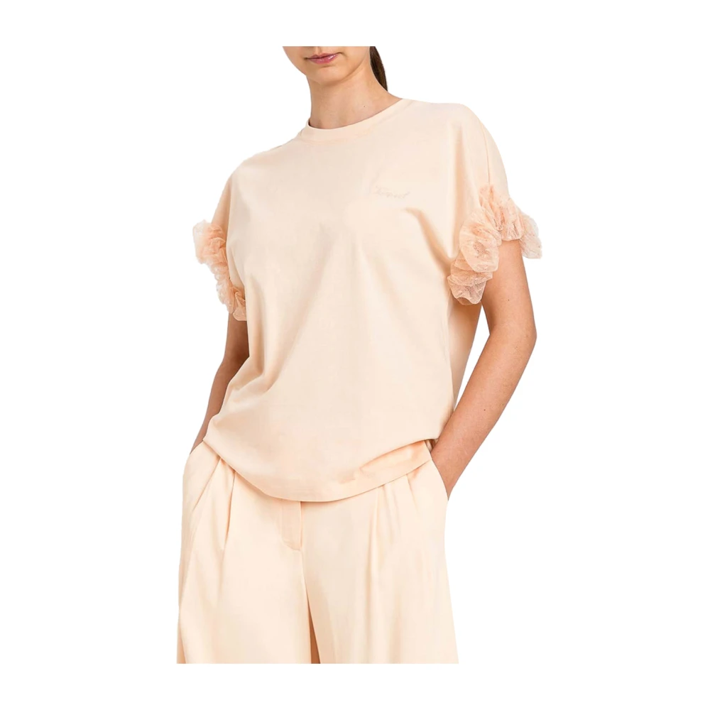 Twinset Women's Pink T-Shirts, Xs, Round-Neck T-Shirt With Tulle Ruffle