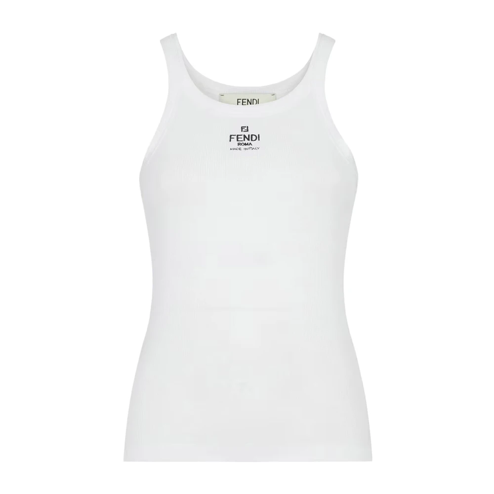 Fendi Women's White Sleeveless Tops, M, Ribbed Cotton Jersey Tank Top