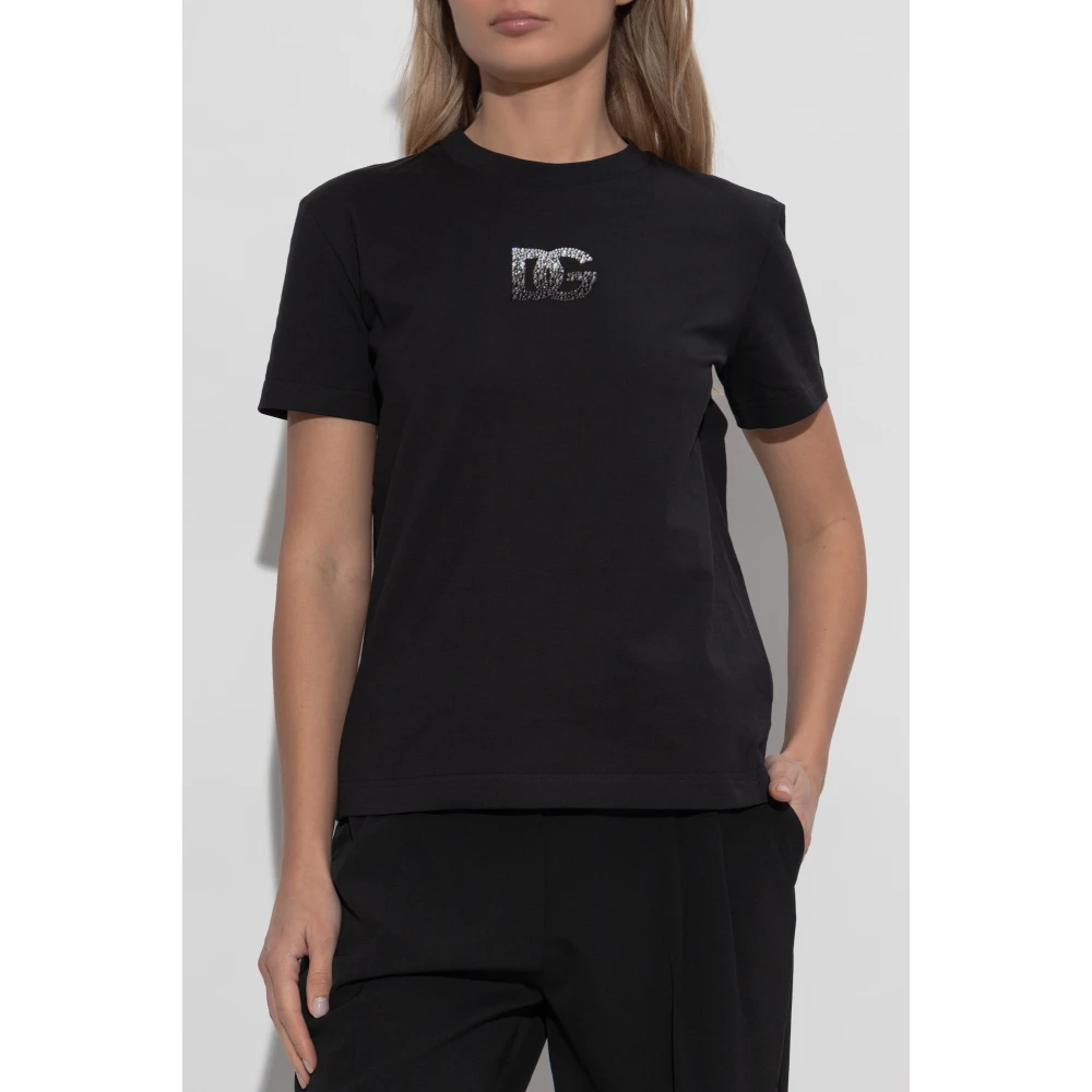 Dolce & Gabbana T-shirt met een logo afgewerkt met glinsterende kristallen Black Dames