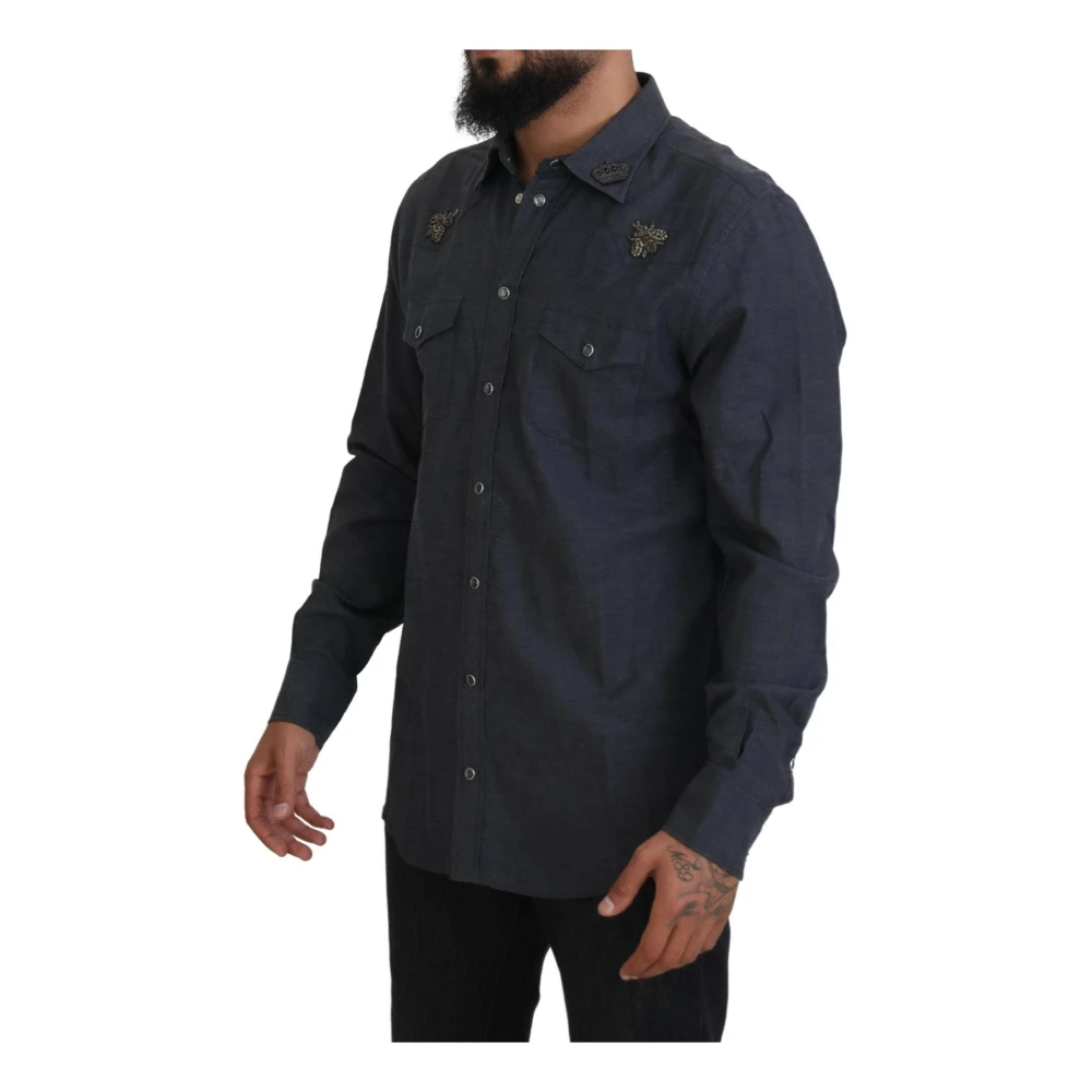 Dolce & Gabbana Bij Geborduurd Katoenen Casual Shirt Mannen Blue Heren