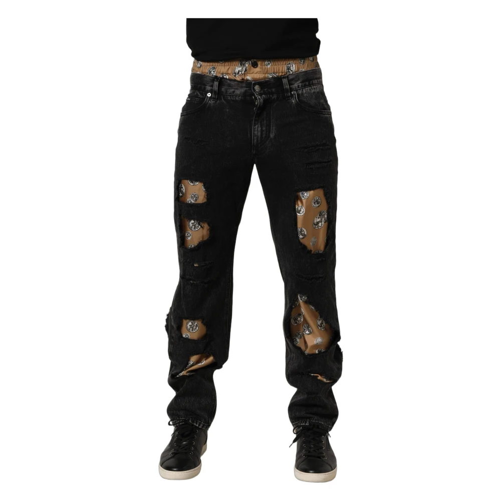 Dolce & Gabbana Men's Black Logo Distressed Straight Jeans - Straight Fit Jeans - Xs - Jeans