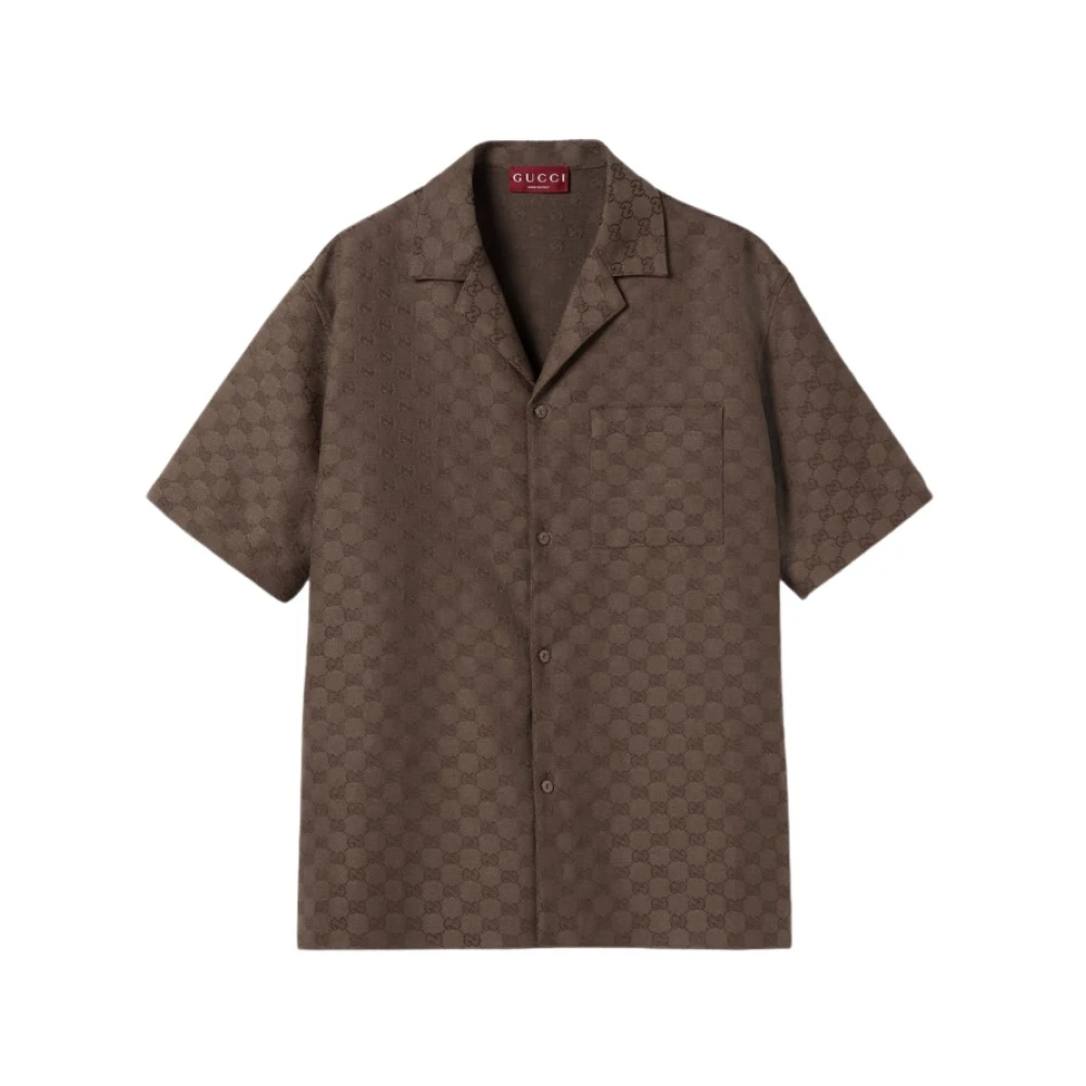 Gucci Men's Brown Gg Canvas Linen Blend Bowling Shirt