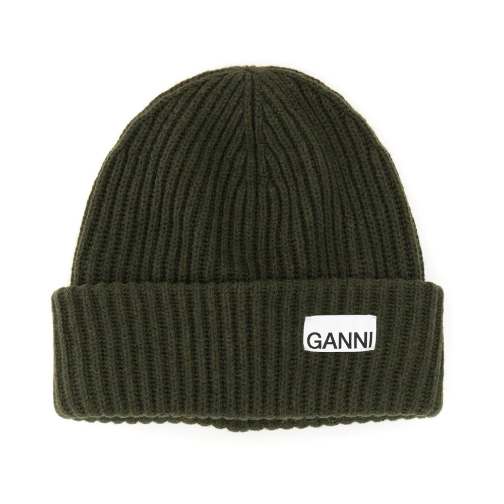 Ganni Logo Patch Beanie Hat Green Dames