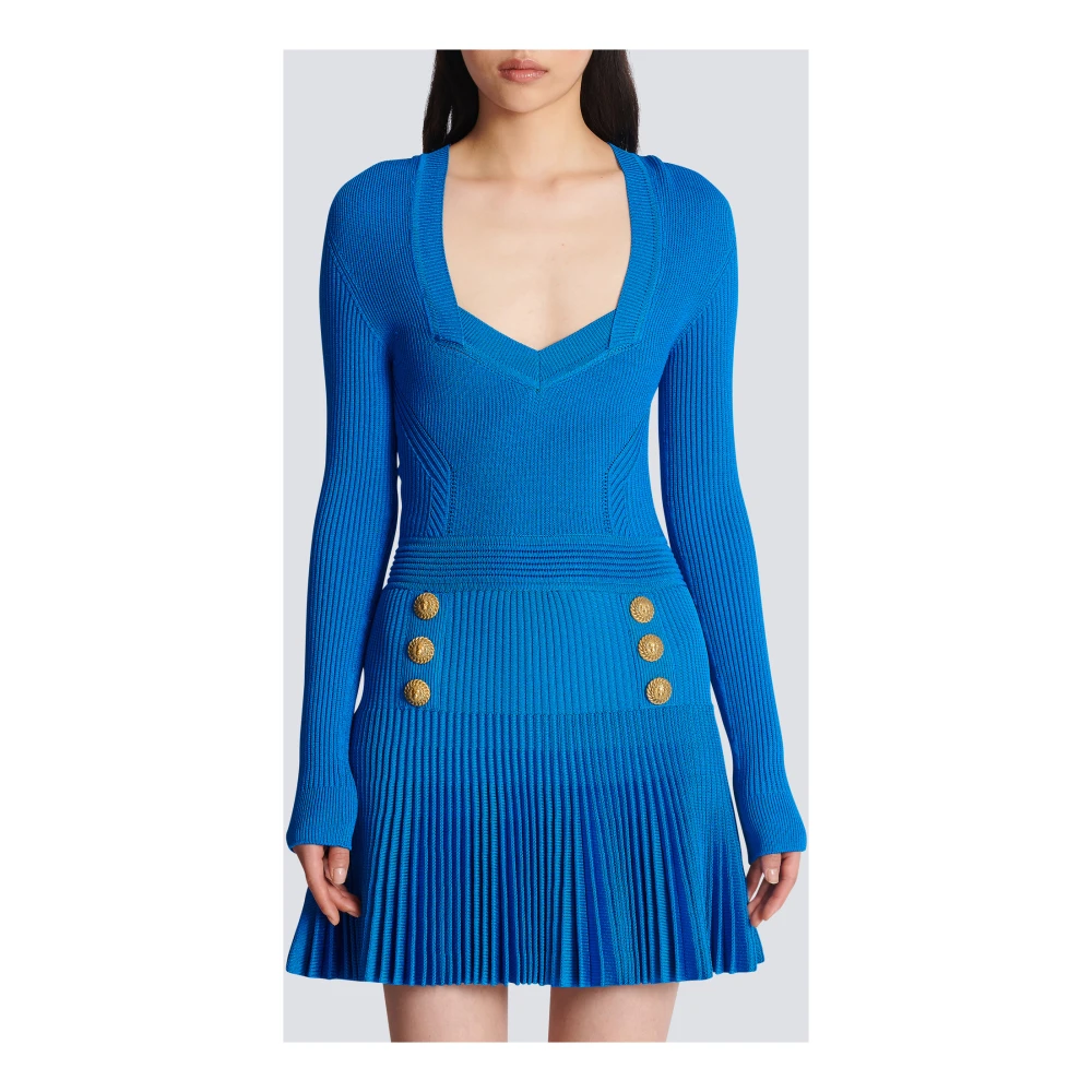 Balmain Korte geribbelde gebreide jurk Blue Dames