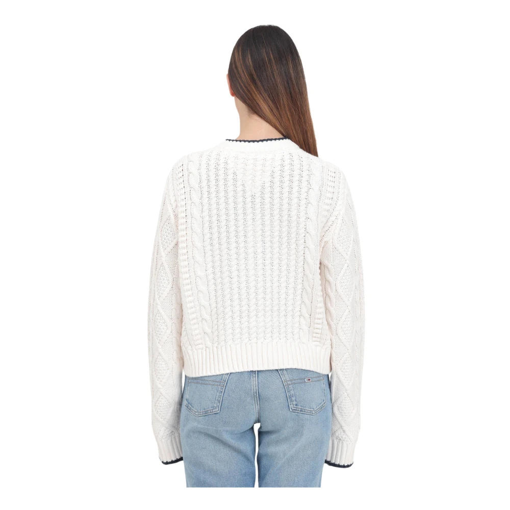 Tommy Jeans Crème Kabel Gebreide Crew-Neck Sweater White Dames