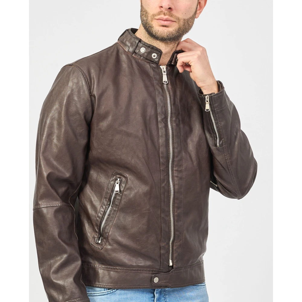 YES ZEE Bruine Leren Jas Fullzip Knopen Zakken Brown Heren