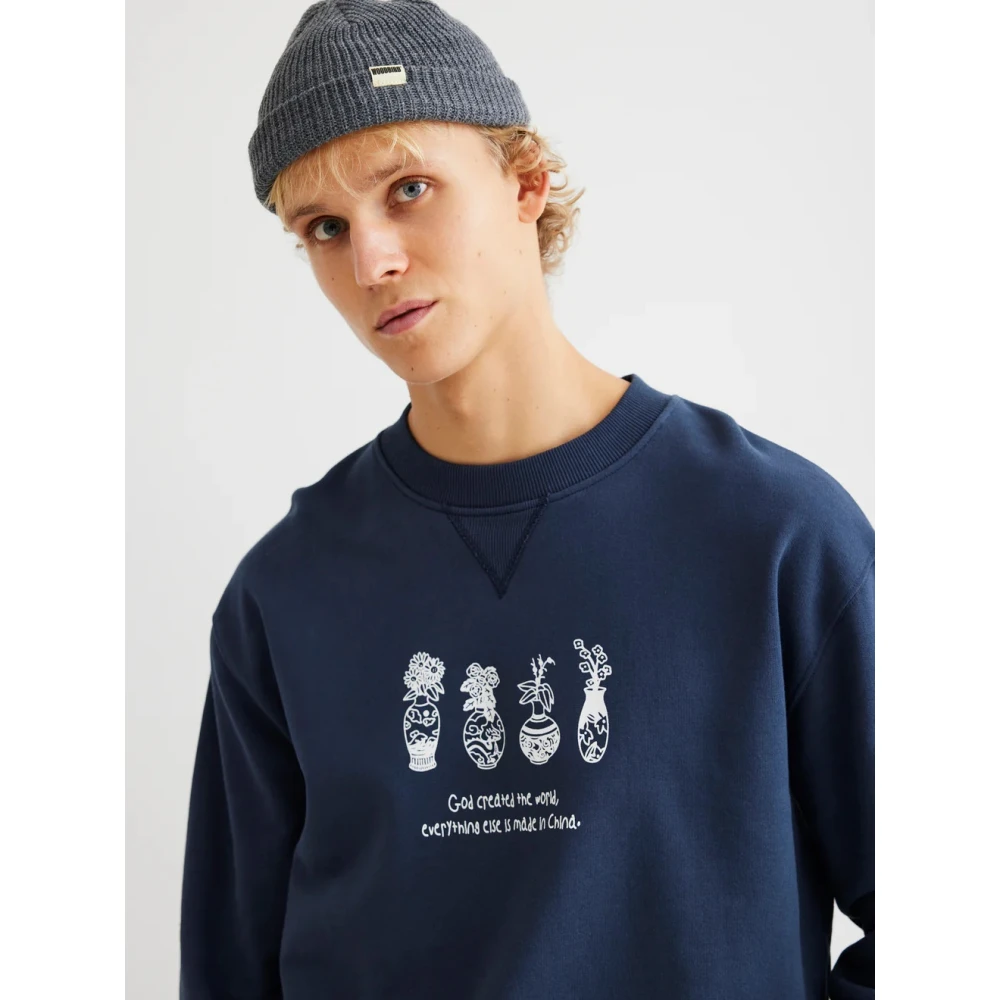 Woodbird Cane Vase Crewneck Sweatshirt met Print Blue Heren
