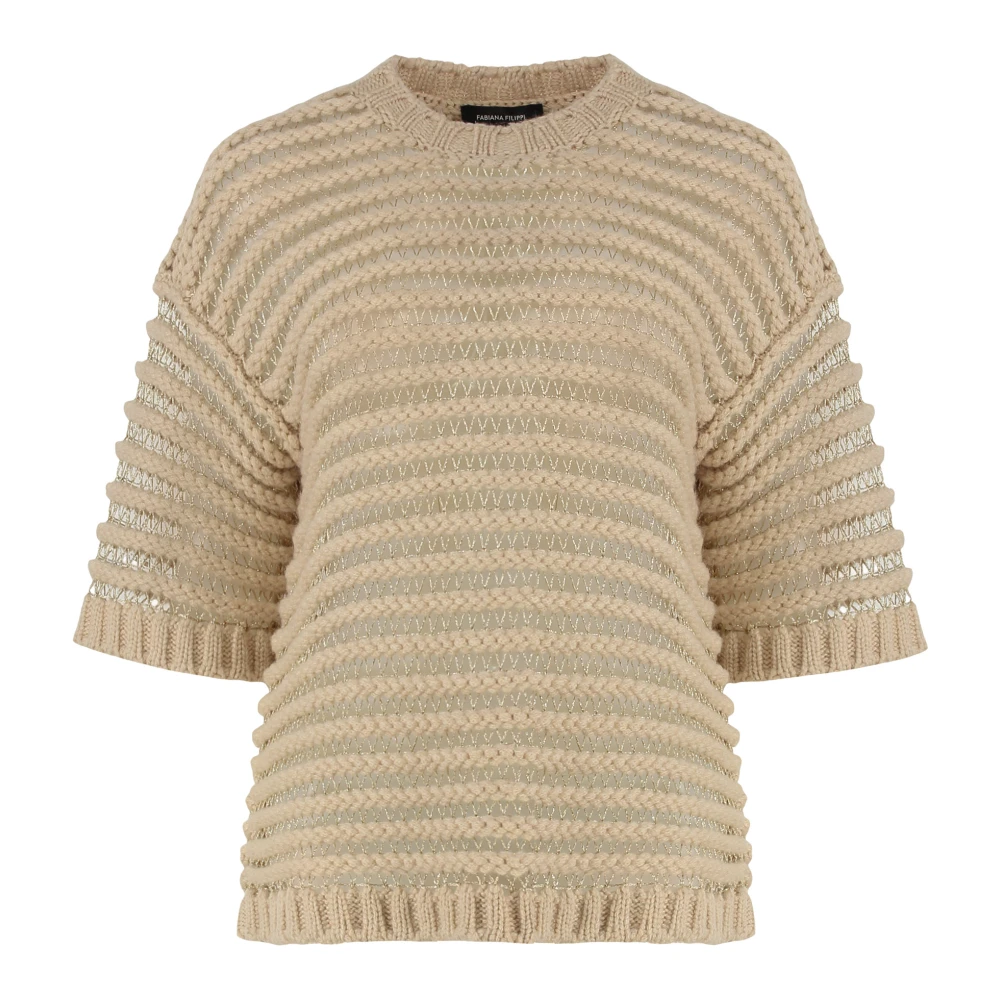 Fabiana Filippi Women's Beige Lurex Wool Jumper With Ribbed Edges - Round-Neck Knitwear - Xs - Knitwear