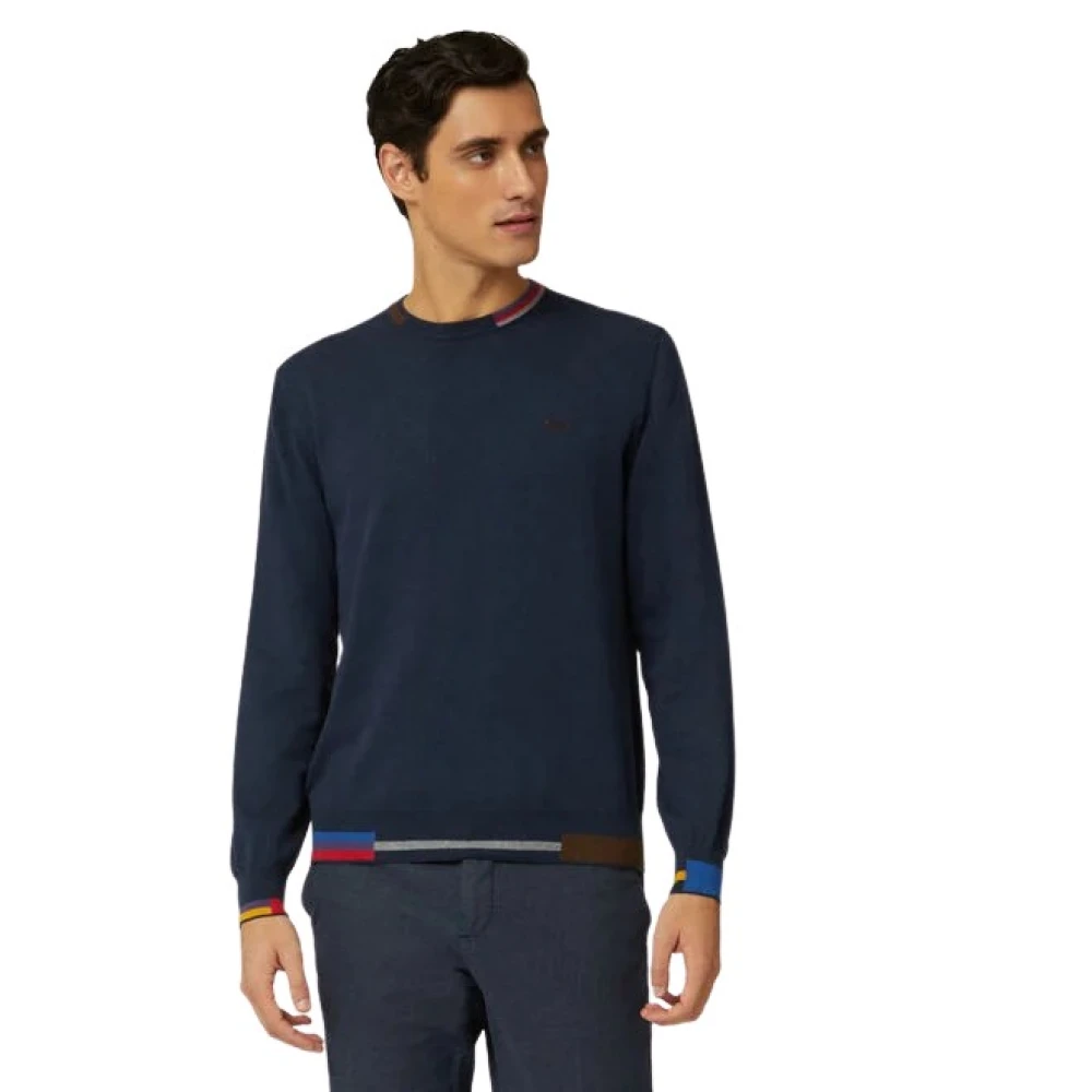 Harmont & Blaine Navyblauwe Katoenen en Wollen Crewneck Pullover met Contrastdetails Blue Heren