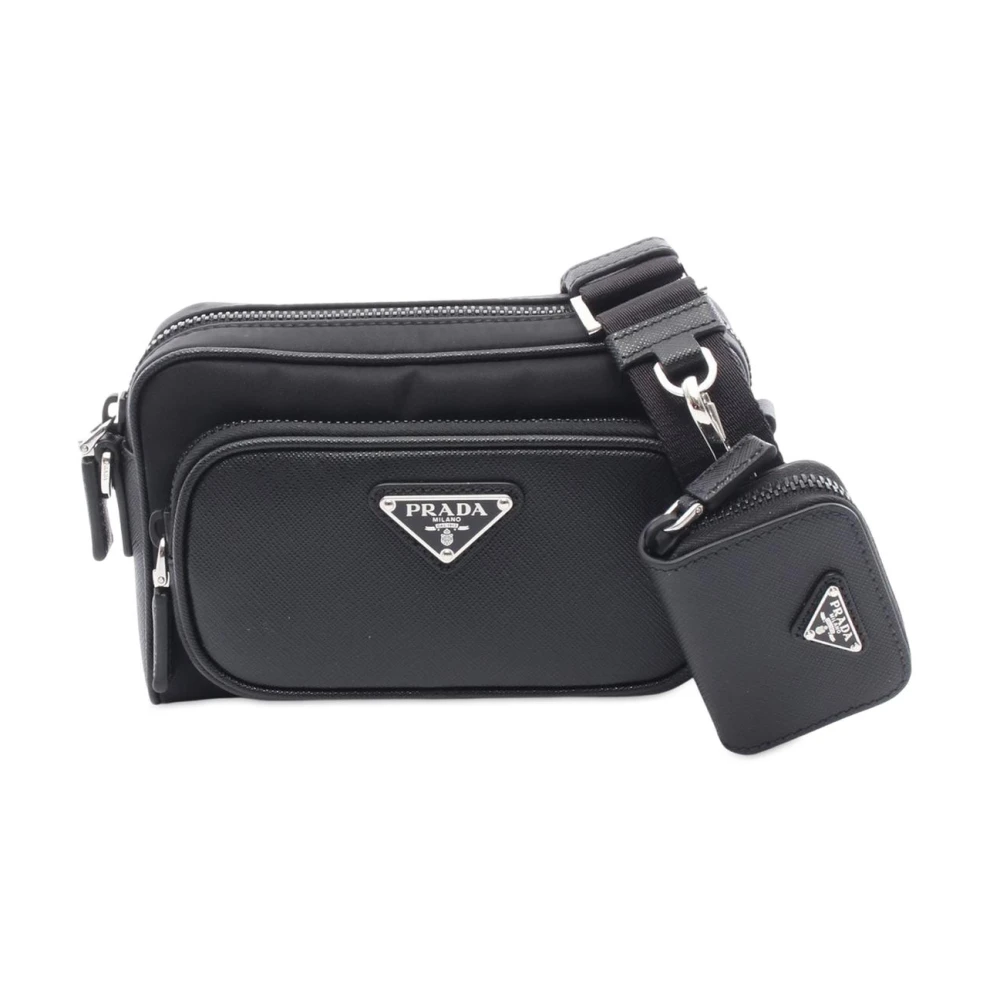 Prada Vintage Women's Black Pre-Owned Vintage Saffiano Leather And Nylon Shoulder Bag With Pouch