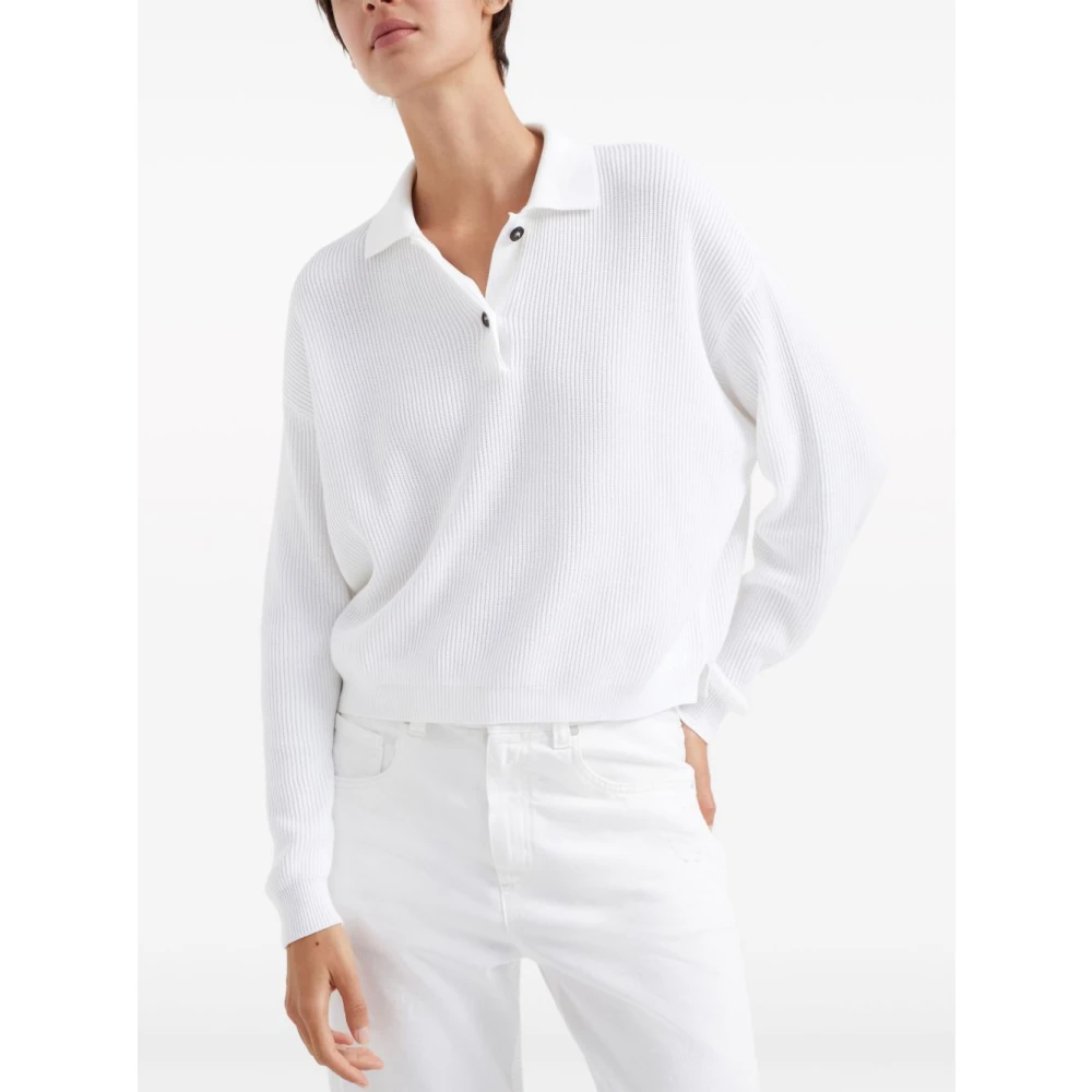 BRUNELLO CUCINELLI Witte Katoenen Geribbelde Gebreide Polo White Dames