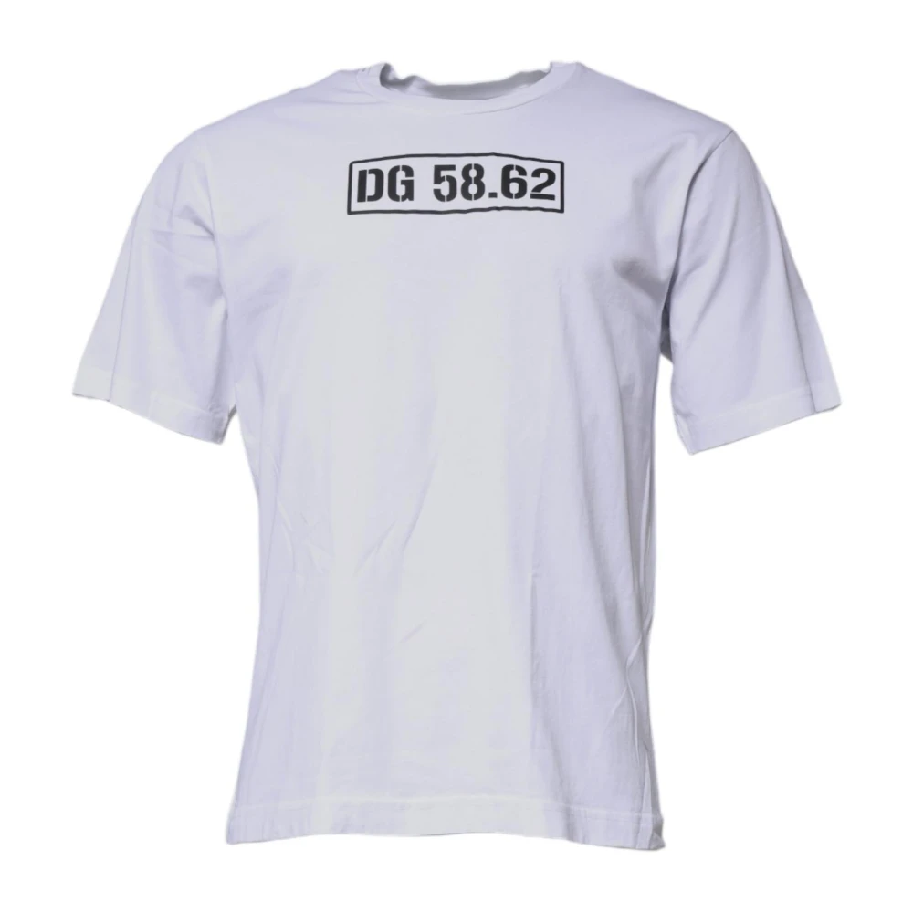 Dolce & Gabbana Men's White T-Shirts, S, Logo Print Crew Neck T-Shirt