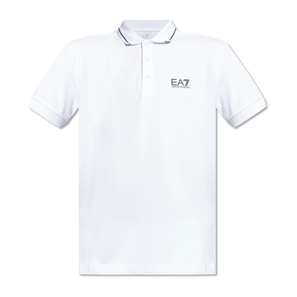 Emporio Armani Ea7 Vit Pikétröja I Bomull Med Tryckt Logotyp