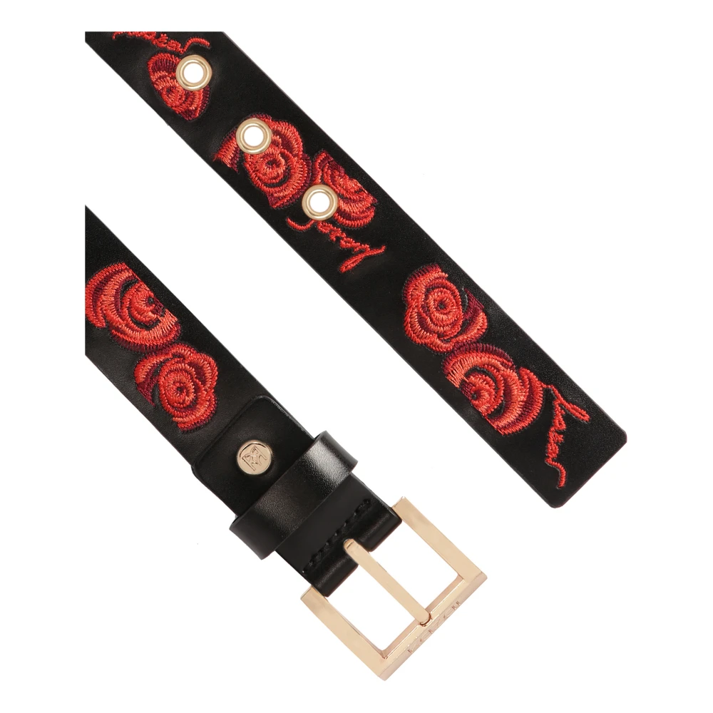 Kazar Zwarte leren riem geborduurd met rode rozen Black Dames