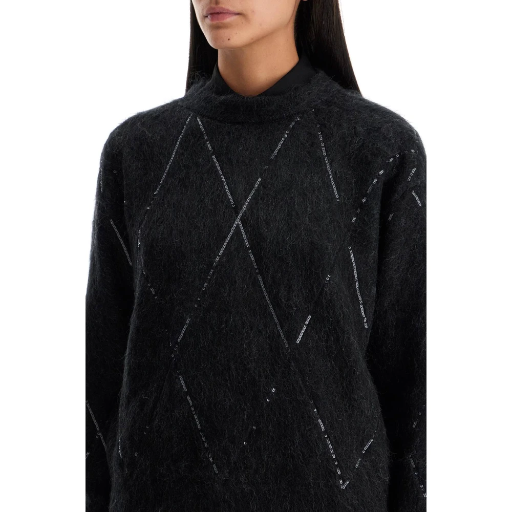 BRUNELLO CUCINELLI Diamantgeborduurde Crew Neck Sweater Black Dames