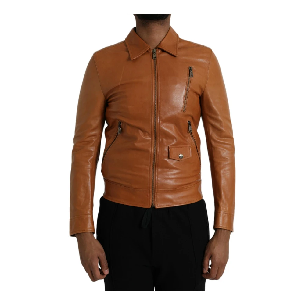 Dolce & Gabbana Bruin Leren Zip Blouson Jack Brown Heren