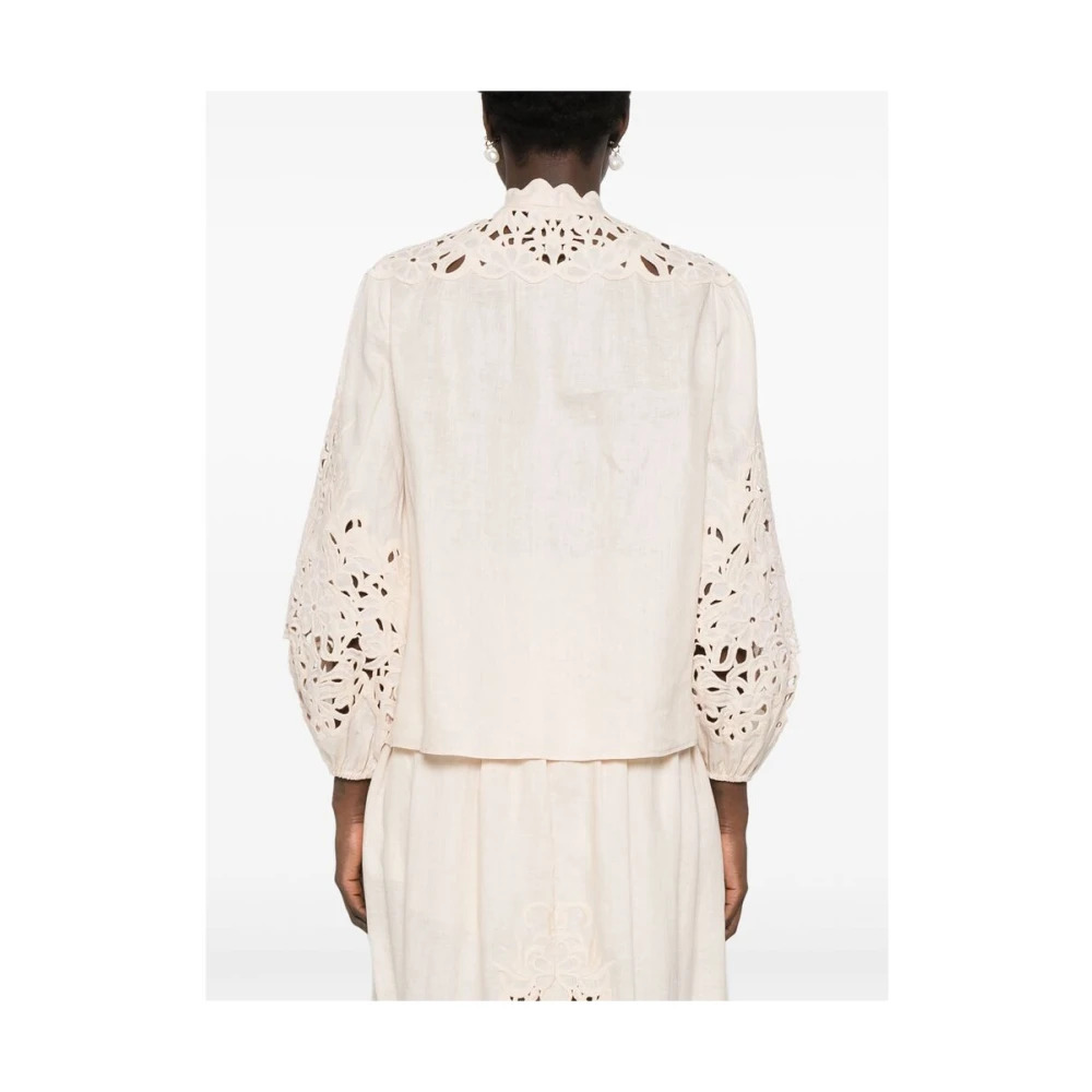 Zimmermann Beige Linnen Shirt met Broderie Anglaise Beige Dames